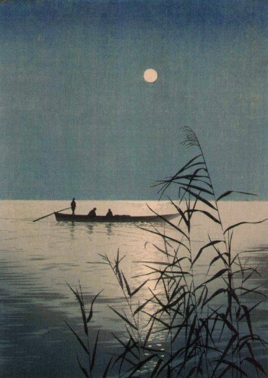 moonlit sea with boat